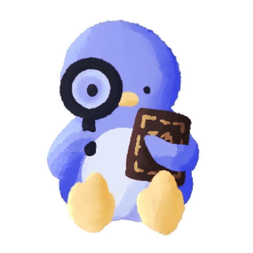 虫眼鏡と本を持つペンギンのアイコン
