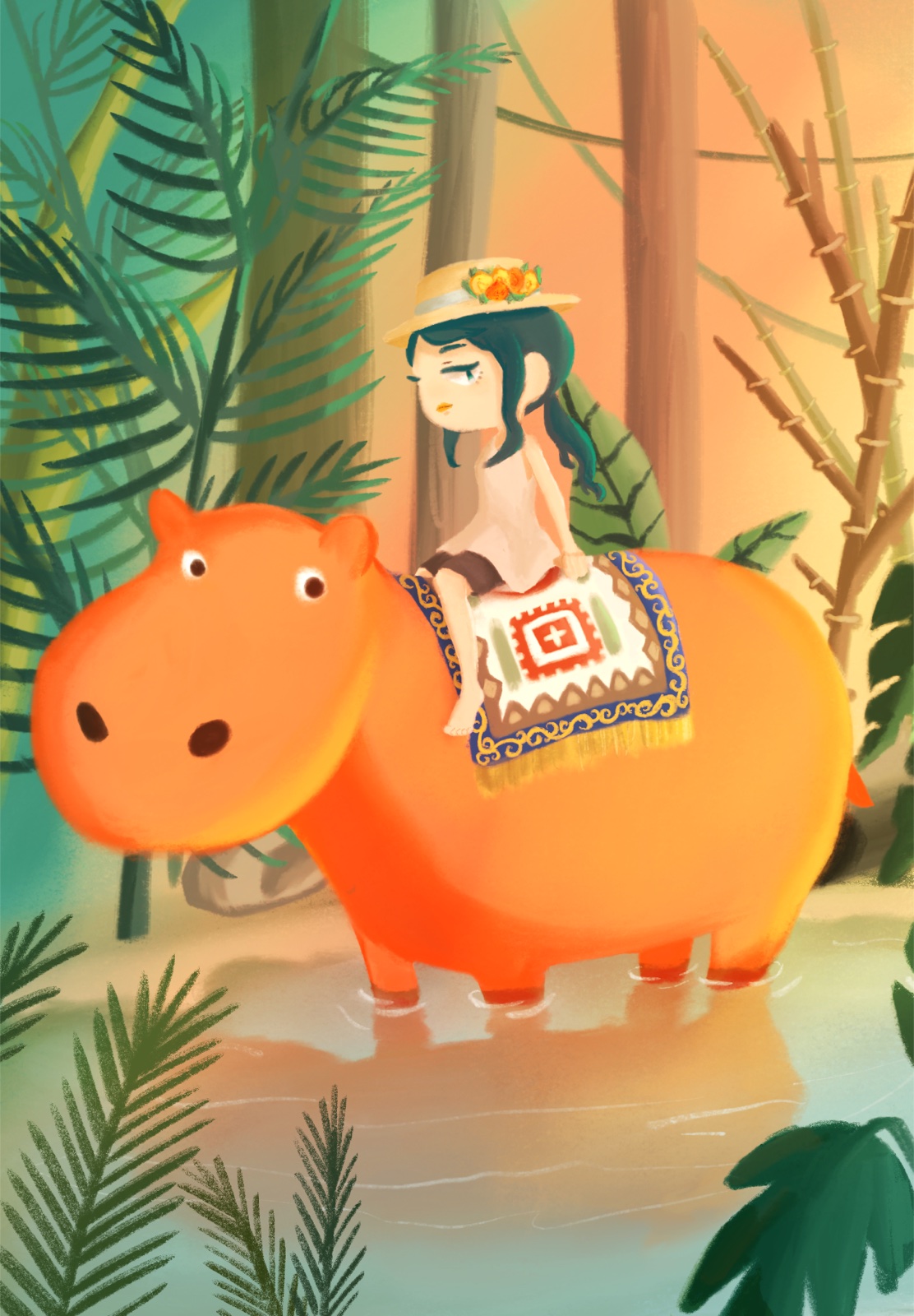 オレンジのカバに乗る人物のイラスト